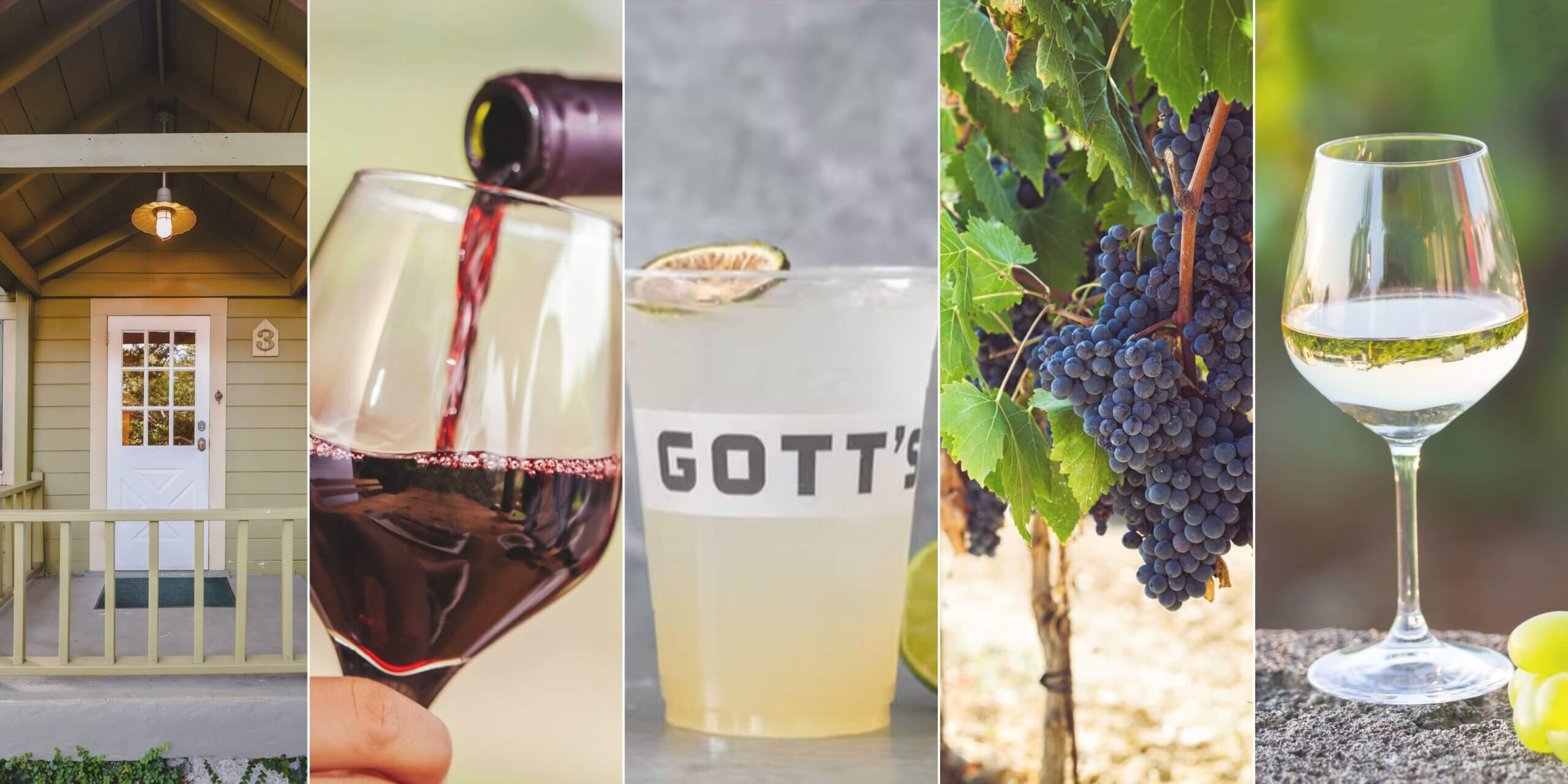 A collage featuring a cottage entrance, various drinks, and fresh grapes.