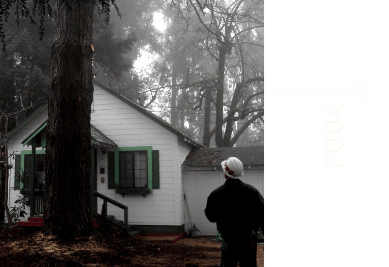 A person wearing a white hard hat stands in front of a small white house with green trim, surrounded by fog and tall trees.