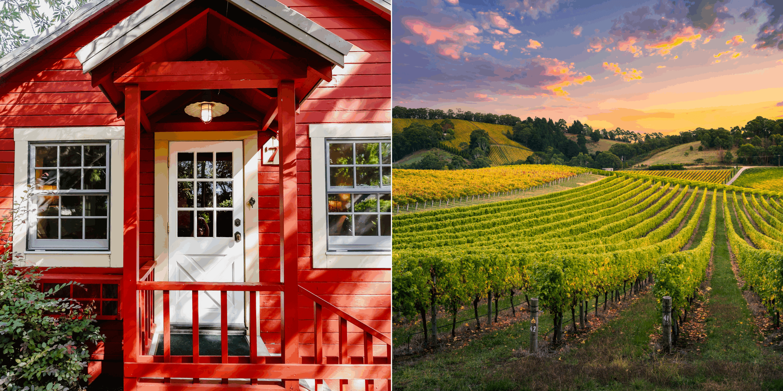 A vibrant red cottage on the left and a scenic vineyard landscape at sunset on the right. A vibrant red cottage on the left and a scenic vineyard landscape at sunset on the right.