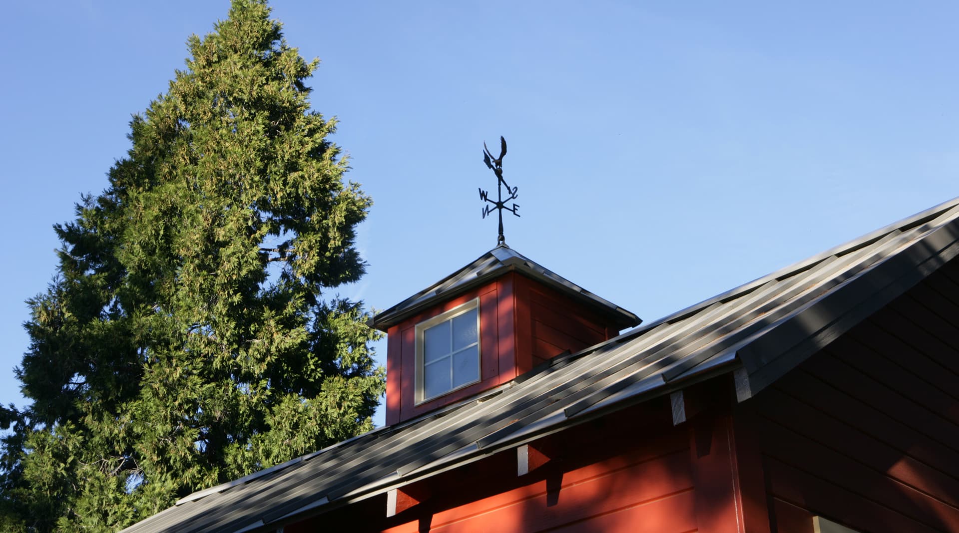 A weather vane atop a red building with a tall green tree in the background.