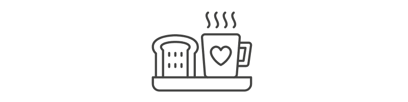 Line art depiction of a slice of bread and a steaming mug with a heart on it, placed on a tray.