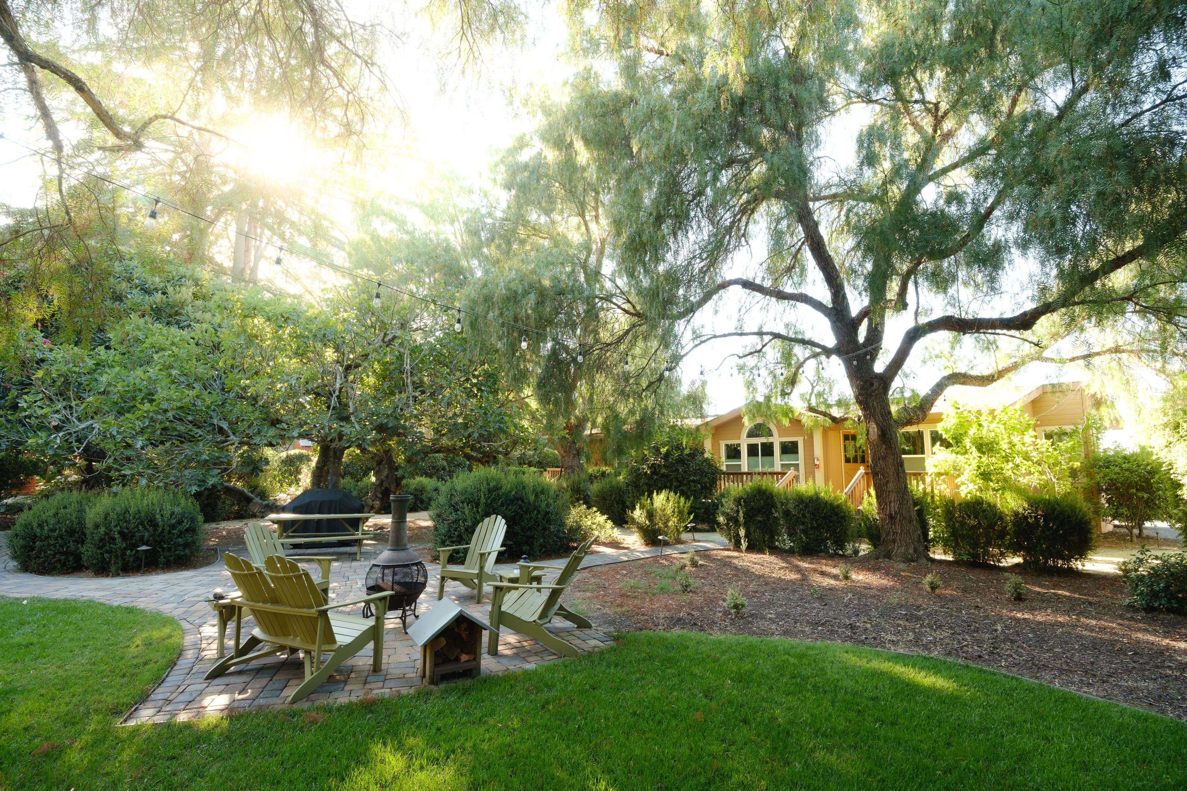 A sunlit garden featuring a circular patio with wooden chairs surrounded by lush greenery and trees.