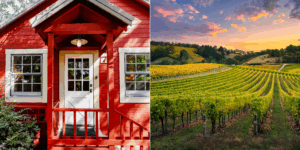 A red house stands beside a scenic vineyard at sunset.