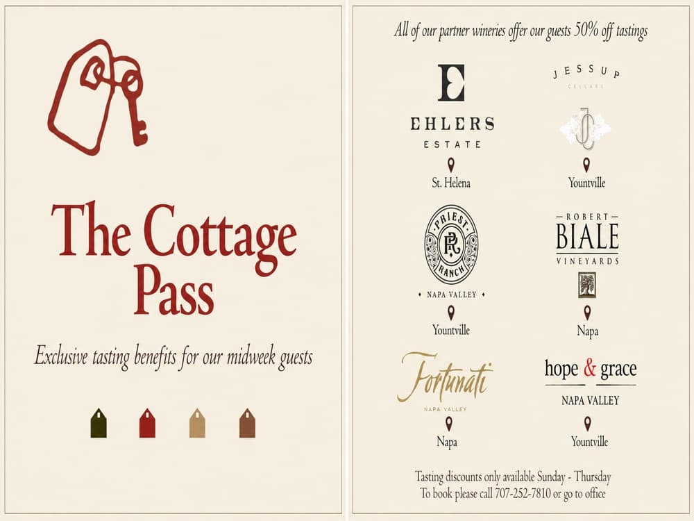 Promotional graphic for "The Cottage Pass," offering exclusive tasting benefits at various Napa Valley wineries.