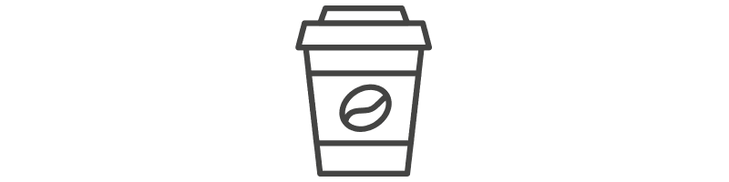 Line art of a takeout coffee cup with a coffee bean design.
