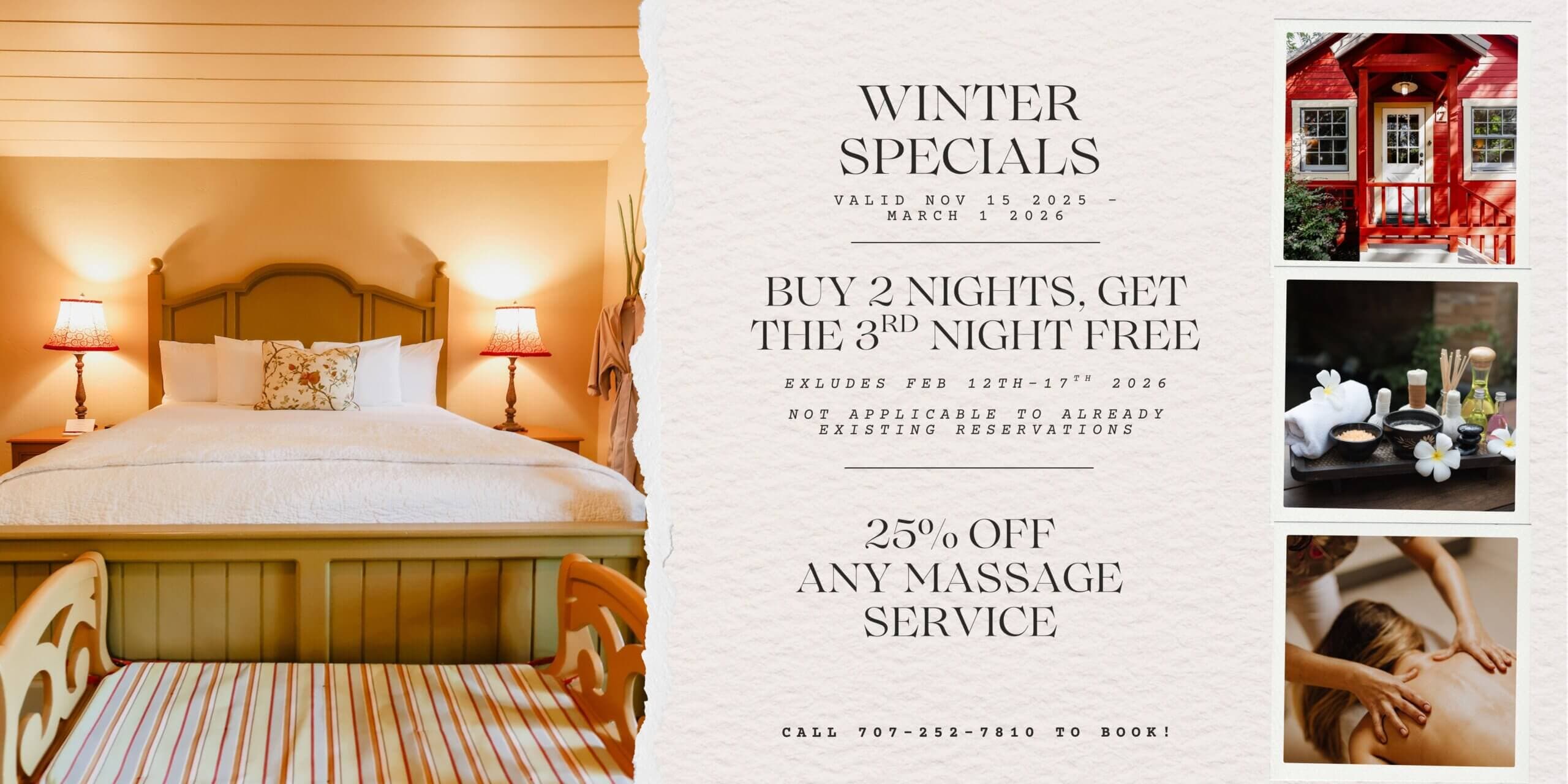 A cozy bedroom with a promotional banner for winter specials featuring a buy-two-nights-get-the-third-free offer and 25% off massage services.